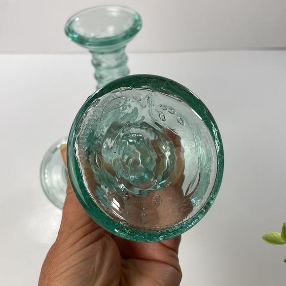 La Mediterranea Recycled Aqua Coloured Glass Candle Stick Holders Pair - Picture 7 of 12